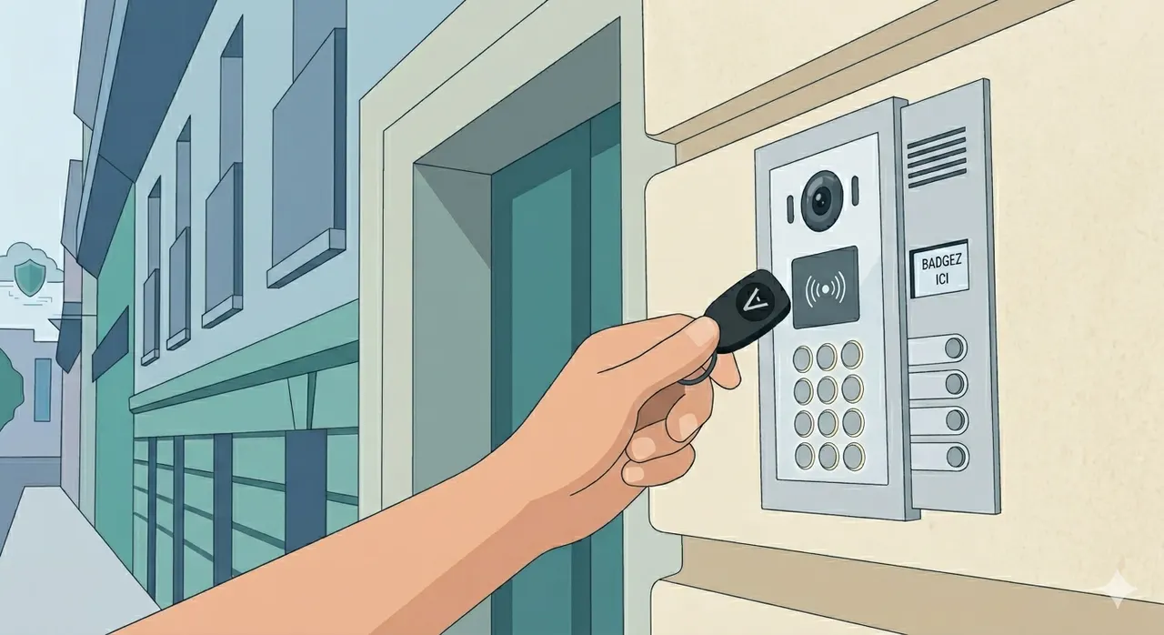 Badge d'immeuble présenté devant un interphone